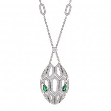 Bvlgari Jewelry 18k White Gold 2.45cttw Diamond and Emerald Serpenti Necklace 17-18" 352752