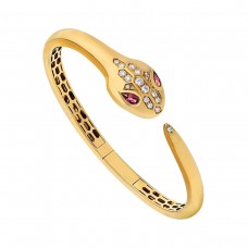Bvlgari Jewelry 18k Yellow Gold 0.30cttw Diamond and Rubellite Serpenti Bracelet Size Medium 357441