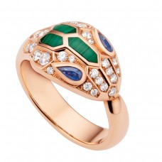 Bvlgari Jewelry 18k Rose Gold Serpenti 0.21cttw Sapphire and 0.38cttw Diamond and Malachite Ring - Size 6.5 356214