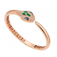 Bvlgari Jewelry 18k Rose Gold Serpenti 0.40cttw Sapphire and 0.50cttw Diamond and Malachite Bracelet - Size Medium 356196
