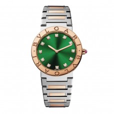 Bvlgari 18k Rose Gold and Steel 33mm BB Green Diamond Dot Dial Ladies Watch 103202