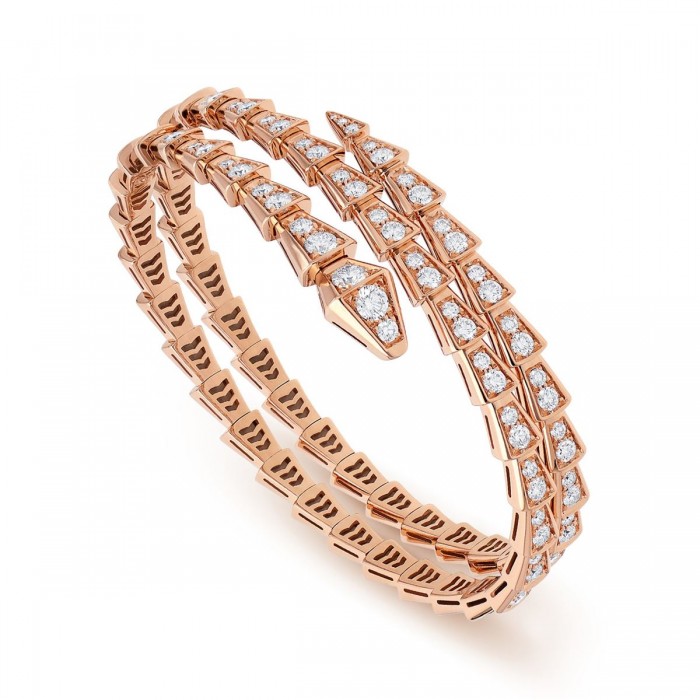 Bvlgari Jewelry 18k Rose Gold Serpenti Viper 2 Row 5.42cttw Full Pave  Diamond Bracelet - Size Medium 357271